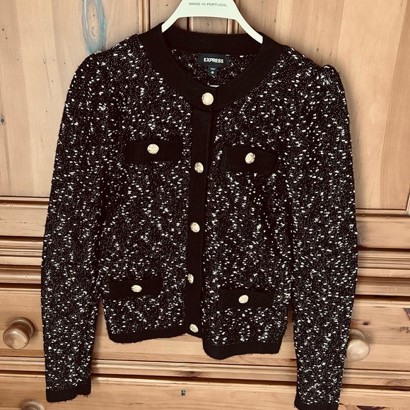 Express Sweaters - Express Black Gold Button Cardigan Cropped Boucle Lady Jacket Pockets Pa…